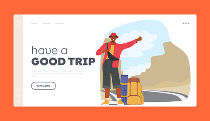 Wanderlust And Travel Exploration Landing Page Template. Lone Traveler Character With Backpack, Standing By The Road