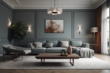 cozy living room with comfortable furniture and a beautiful painting on the wall. Generative AI