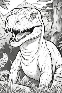 Coloring book for kids with a dinosaur hand-painted in cartoon style, tyrannosaurus. Generative AI