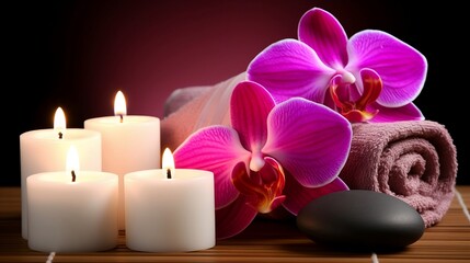 Fototapeta na wymiar Spa - Couple Towels With Candles And Orchid For Natural Massage. Generative AI