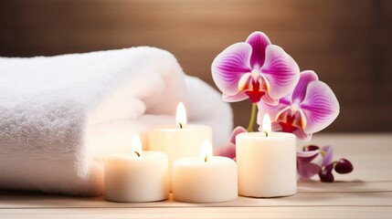 Naklejka na ściany i meble Spa - Couple Towels With Candles And Orchid For Natural Massage. Generative AI