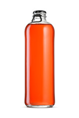 Glass transparent red low alcohol or soft drink bottle isolated on a white.