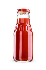 Glass bottle of red tomato ketchup with twist off screw cap isolated on white with clipping path.