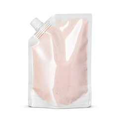 Sauce in blank glossy white doypack bag with corner cap isolated on white . Front view of stand-up pouch.