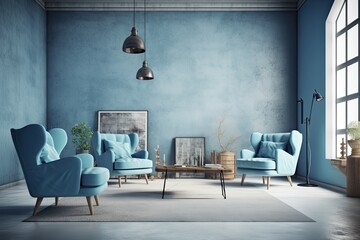 modern living room with blue color scheme. Generative AI