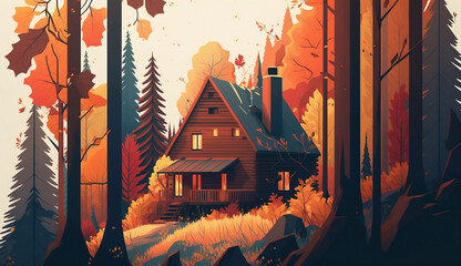 A serene autumn landscape, where a cozy cabin blends in perfectly with the warm colors of the forest.  created using generative AI