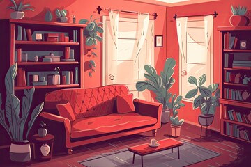 cozy living room with a comfortable couch, stylish coffee table, bookshelf and potted plant. Generative AI