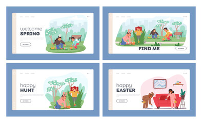 Naklejka premium Holiday Moments Landing Page Template Set. Children Character Eagerly Hunt Colorful Easter Eggs, Vector Illustration