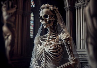 skeleton of a bride in a wedding dress. dead girl at the wedding. ai generated