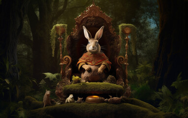 A rabbit sitting on a royal throne with an elegant and luxurious style. The background is a forest. Generative AI