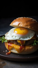 Morning Indulgence: A Delectable Breakfast Burger on a Brioche Bun, Generative AI