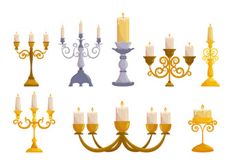 Vintage Candleholder Set Crafted From Metal, Features Intricate Detailing And A Rustic Finish Vector Illustration