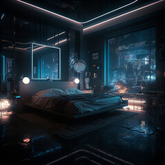 Futuristic bedroom style (Cyberpunk) - Generative AI