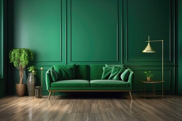 cozy living room with green walls and a matching green couch. Generative AI