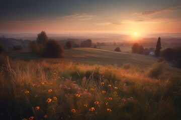 A breathtaking sunset landscape of small town in Germany, showcasing fields, villages, forests, and meadows, immersed in the warm glow of the setting sun, created with generative A.I. technology.