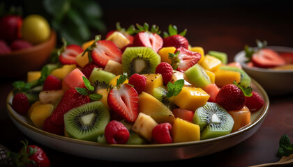 Fresh fruit salad with kiwi and strawberry generated by AI