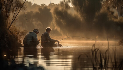Two men fishing, backlit sunset reflection catch generated by AI