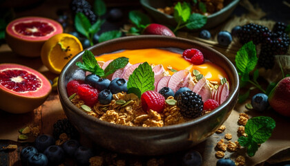 Obraz na płótnie Canvas Fresh berry bowl with granola and yogurt generated by AI