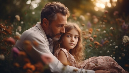 Fototapeta premium Father embraces daughter, both smiling in nature generated by AI