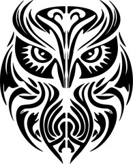 ﻿Black owl with Polynesian patterns inked in white and black.
