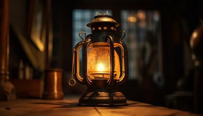 An old fashioned kerosene lantern glows in darkness generated by AI
