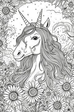 Cute cartoon unicorn. Black and white illustration for coloring book. Generative AI