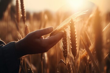 Closeup of a farmer's hand touching the top of a wheat stalk, while sun rays are breaking through the sunset in the background Generative AI