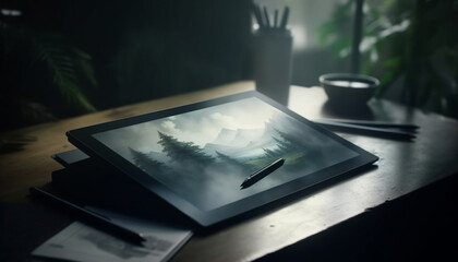 Desk equipped with modern technology for business professionals generated by AI