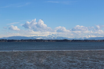 Tides out Drayton Harbor and snow covered Mount Baker and Twin Sisters Mountain view on an afternoon in early spring