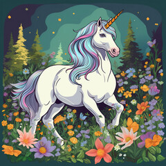 horse in the woods with flowers