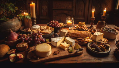 Obraz na płótnie Canvas Rustic still life of gourmet cheese and wine generated by AI