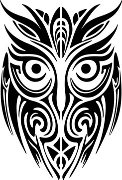 ﻿B&W owl tattoo with traditional Polynesian designs.