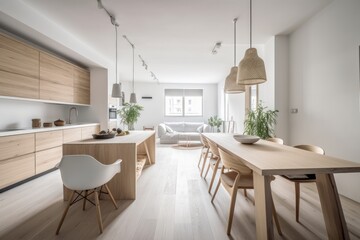Fototapeta premium modern dining room with a sleek table and chairs. Generative AI