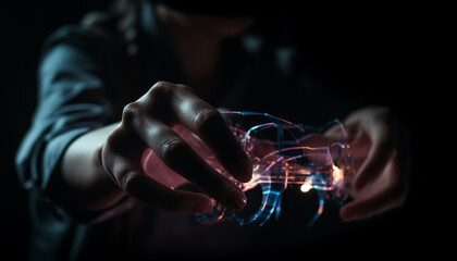 Fototapeta na wymiar Glowing hand holding flame in black background generated by AI