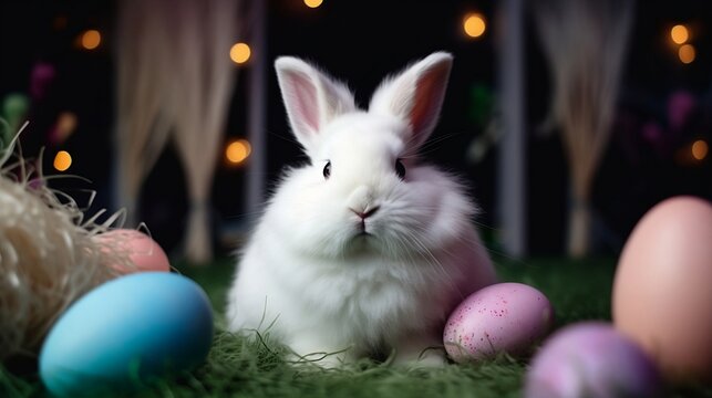 Сute realistic Easter Banny on the grass. Generative Ai.