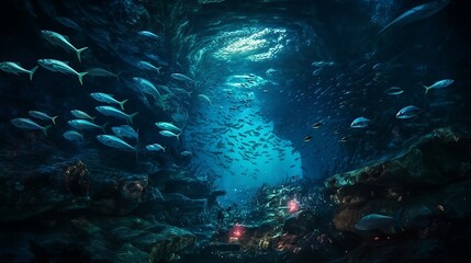 Fish swimming through an otherworldly underwater scene at night