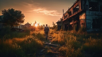 A lone explorer walking through an abandoned city reclaimed by nature at sunset