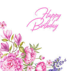 Happy birthday card. Party invitations with watercolor flowers.