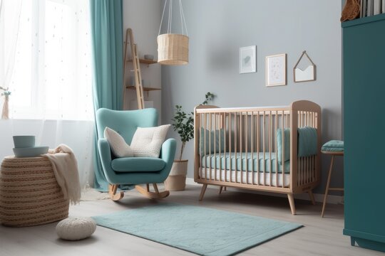 Cozy Nursery Room with Crib and Rocking Chair. Generative AI