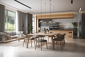 Fototapeta na wymiar modern living room and dining area with stylish furniture and decor. Generative AI