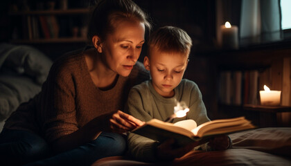 Fototapeta premium Family bonding over bedtime story in firelight generated by AI