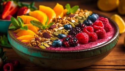Organic berries, yogurt, and granola breakfast parfait generated by AI