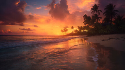 Fototapeta na wymiar Calm moody sunset on the lovely beach before the dask