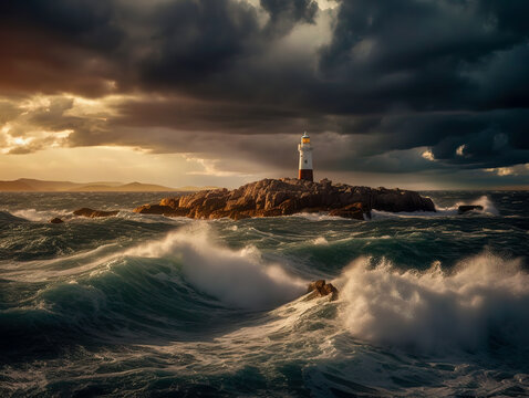 The big stormy ocean and heavy clouds above. Small abandoned Lighthouse far in front on small stoned rock just before the dawn