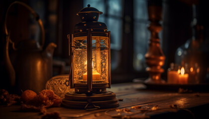 Fototapeta na wymiar Antique candlestick illuminates rustic winter table decor generated by AI