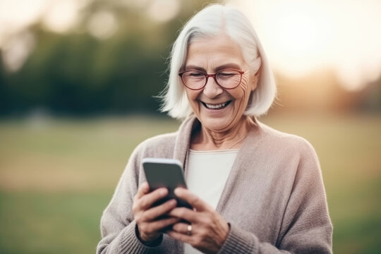A happy retired old woman holding a smartphone in her hands created with generative AI technology.