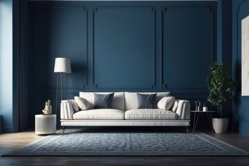 modern living room with blue walls and a white couch. Generative AI