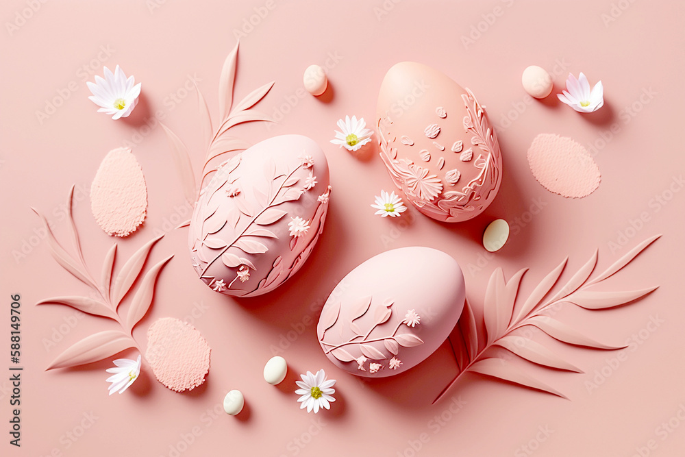 Wall mural pastel easter eggs on pink background