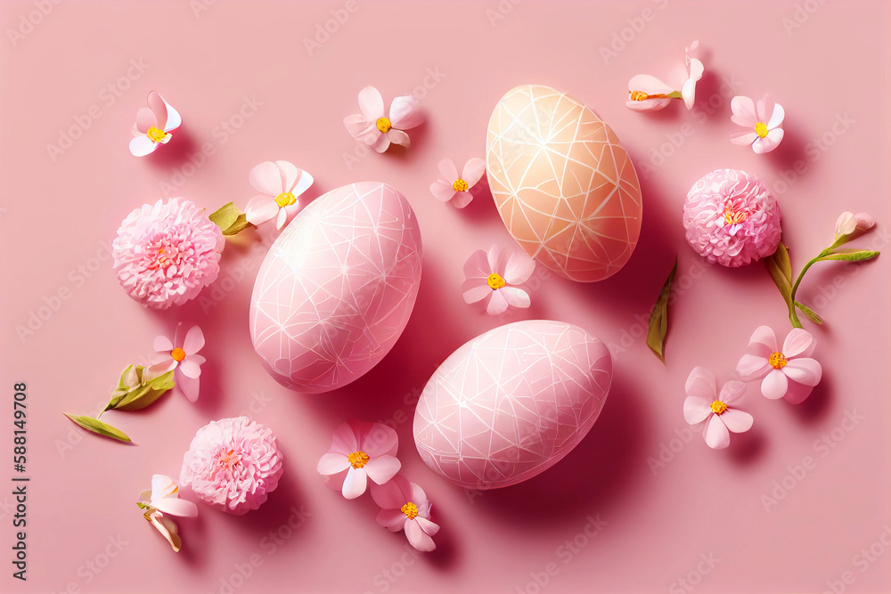 Wall mural pastel easter eggs on pink background