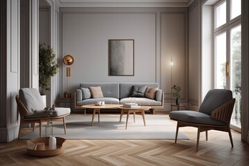 Naklejka na ściany i meble cozy living room with a large window and comfortable furniture. Generative AI